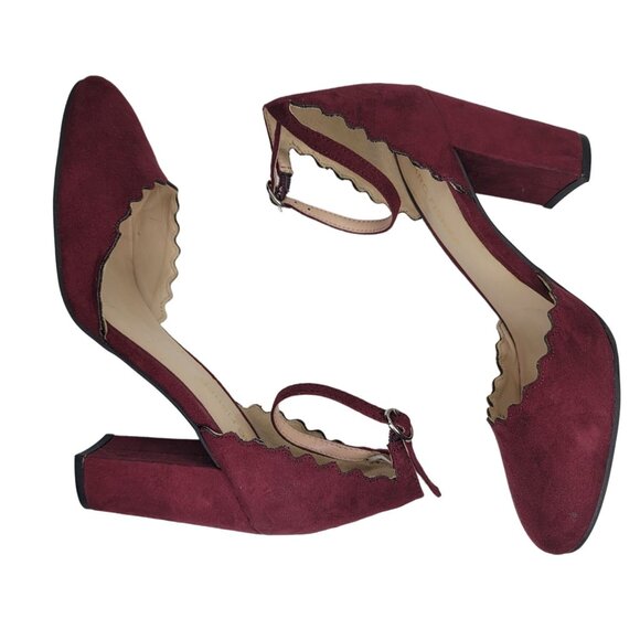 Marc Fisher Burgundy Scalloped Suede Ankle Strap Block Heels 6M - Picture 3 of 8